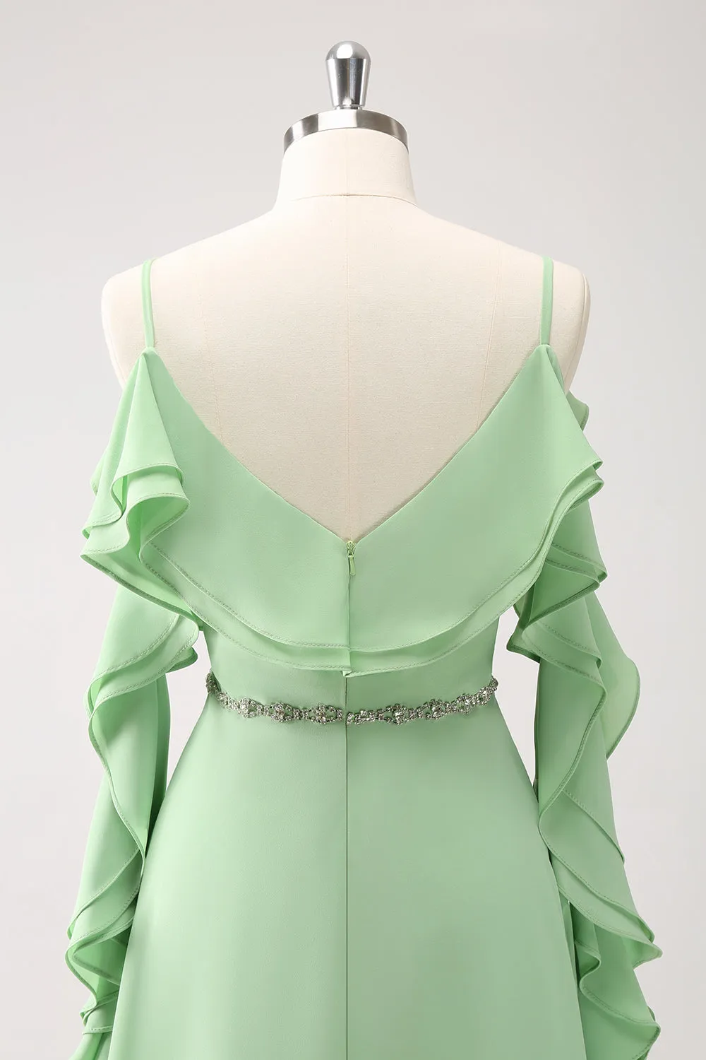 Light Green Cold Shoulder A-Line Chiffon Long Bridesmaid Dress with Ruffles sold by Zapaka product image thumbnail 5