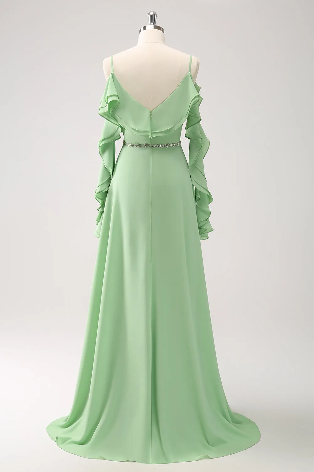 Light Green Cold Shoulder A-Line Chiffon Long Bridesmaid Dress with Ruffles sold by Zapaka product image thumbnail 2