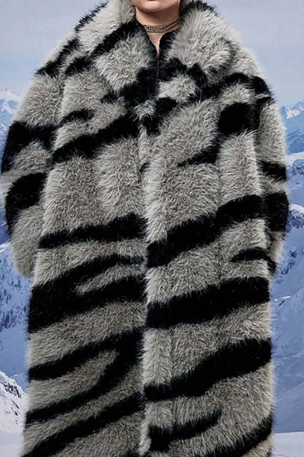 Dark Grey Zebra Pattern Imitation Oversized Long Faux Fur Shearling Coat sold by Zapaka product image thumbnail 3