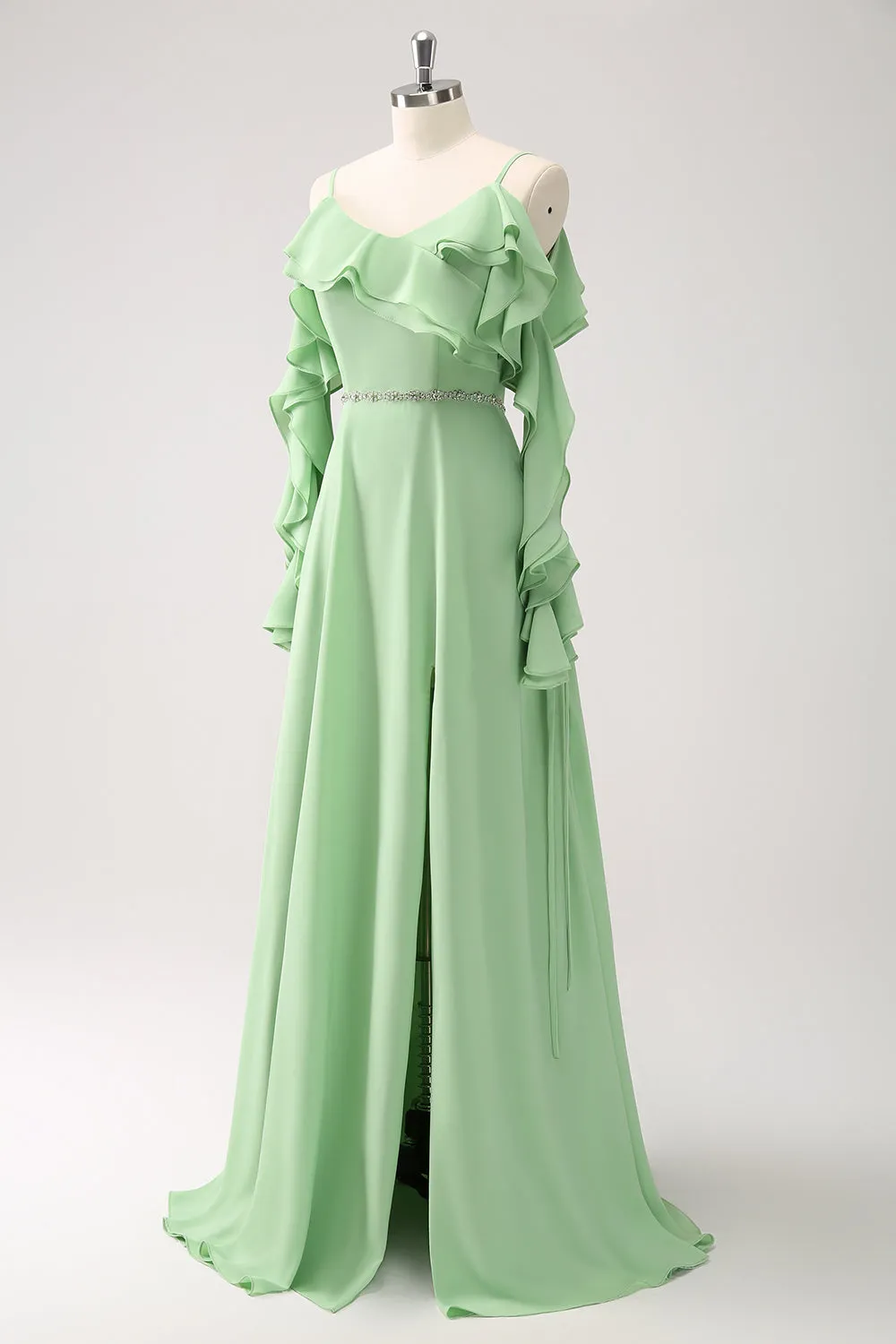 Light Green Cold Shoulder A-Line Chiffon Long Bridesmaid Dress with Ruffles sold by Zapaka product image thumbnail 3