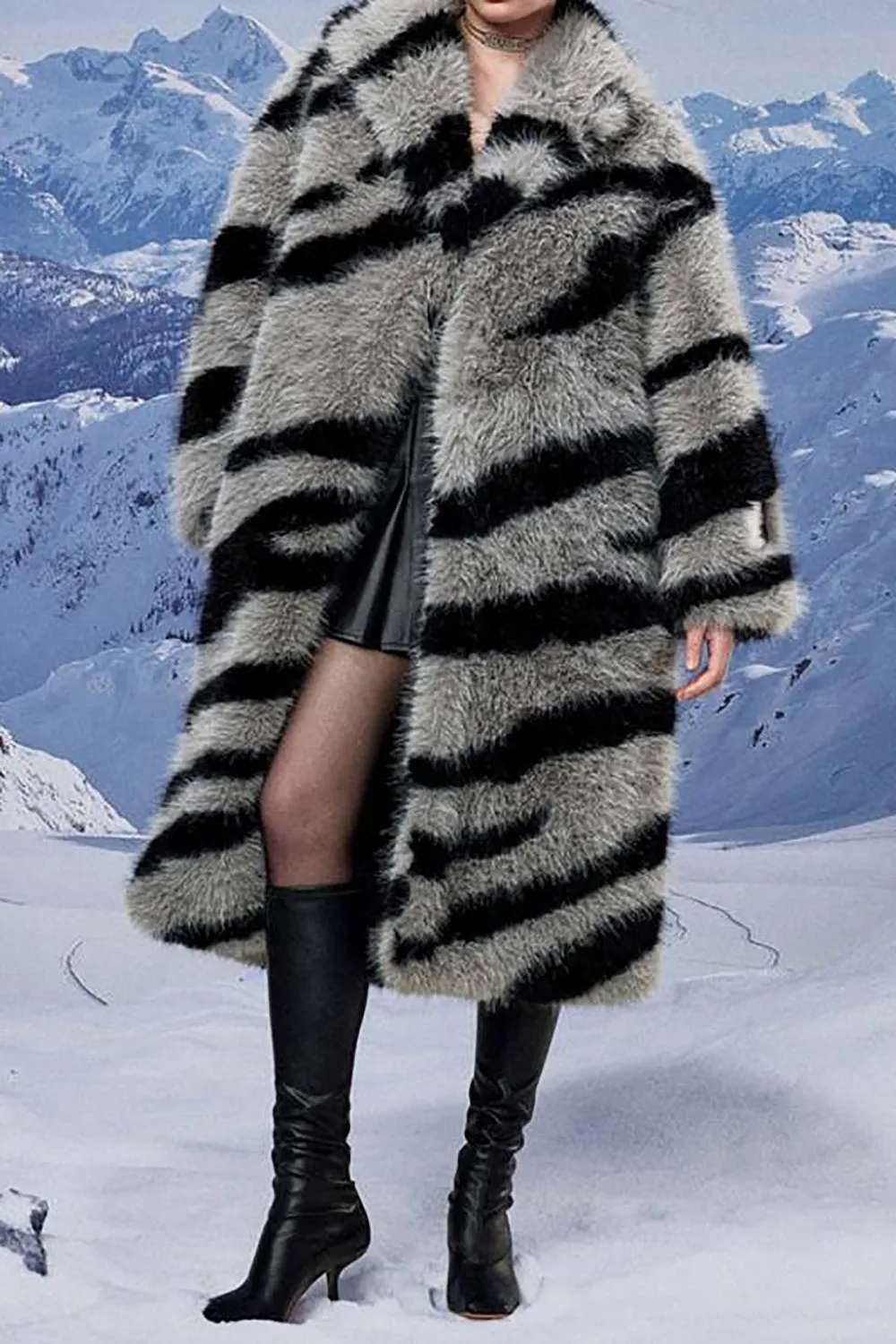 Dark Grey Zebra Pattern Imitation Oversized Long Faux Fur Shearling Coat sold by Zapaka