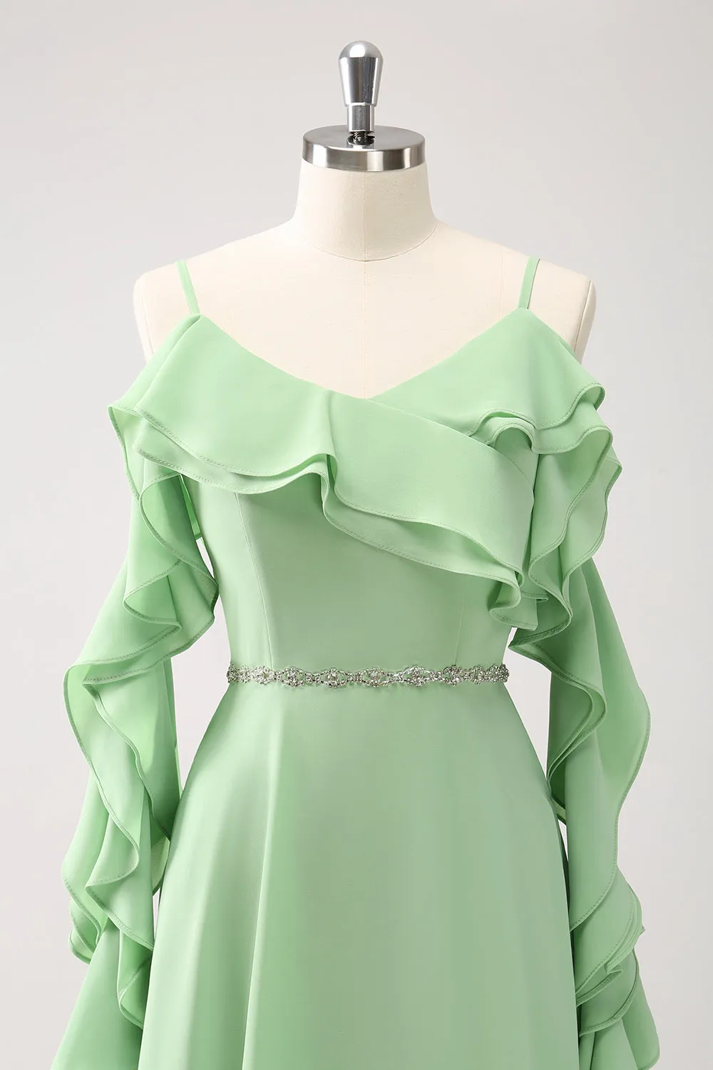 Light Green Cold Shoulder A-Line Chiffon Long Bridesmaid Dress with Ruffles sold by Zapaka product image thumbnail 4