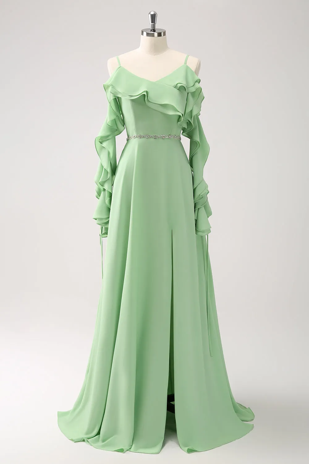 Light Green Cold Shoulder A-Line Chiffon Long Bridesmaid Dress with Ruffles sold by Zapaka