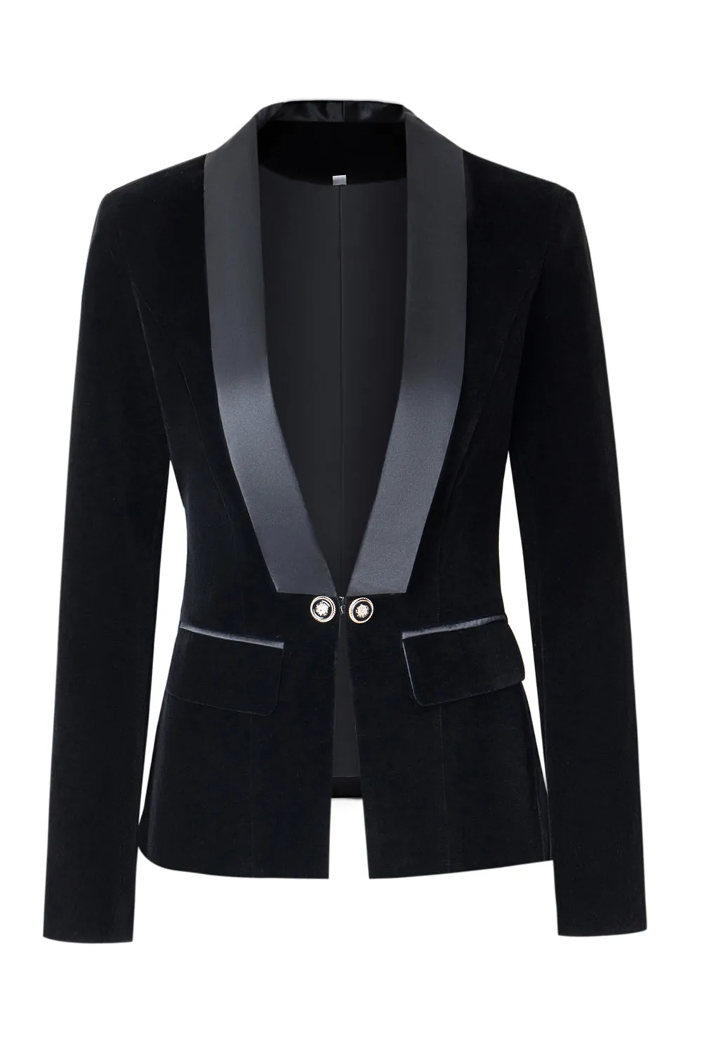 Black Slim Fit Buttoned Velvet Women Blazer sold by Zapaka