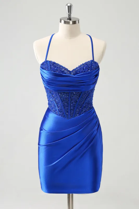 Sparkly Royal Blue Tight Corset Short Homecoming Dress with Lace Up Back sold by Zapaka