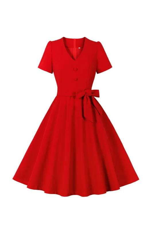 Red V Neck Bowknot Short Sleeves Retro Swing Dress made by Zapaka
