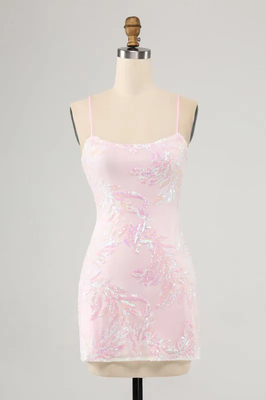 Sparkly Pink Spaghetti Straps Tight Homecoming Dress with Sequins sold by Zapaka