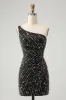 Glitter Black One Shouder Tight Short Homecoming Dress with Beading sold by Zapaka