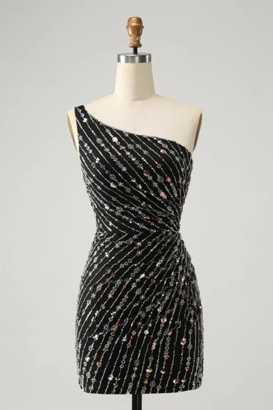Glitter Black One Shouder Tight Short Homecoming Dress with Beading sold by Zapaka