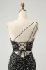 Glitter Black One Shouder Tight Short Homecoming Dress with Beading sold by Zapaka