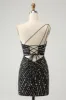 Glitter Black One Shouder Tight Short Homecoming Dress with Beading sold by Zapaka