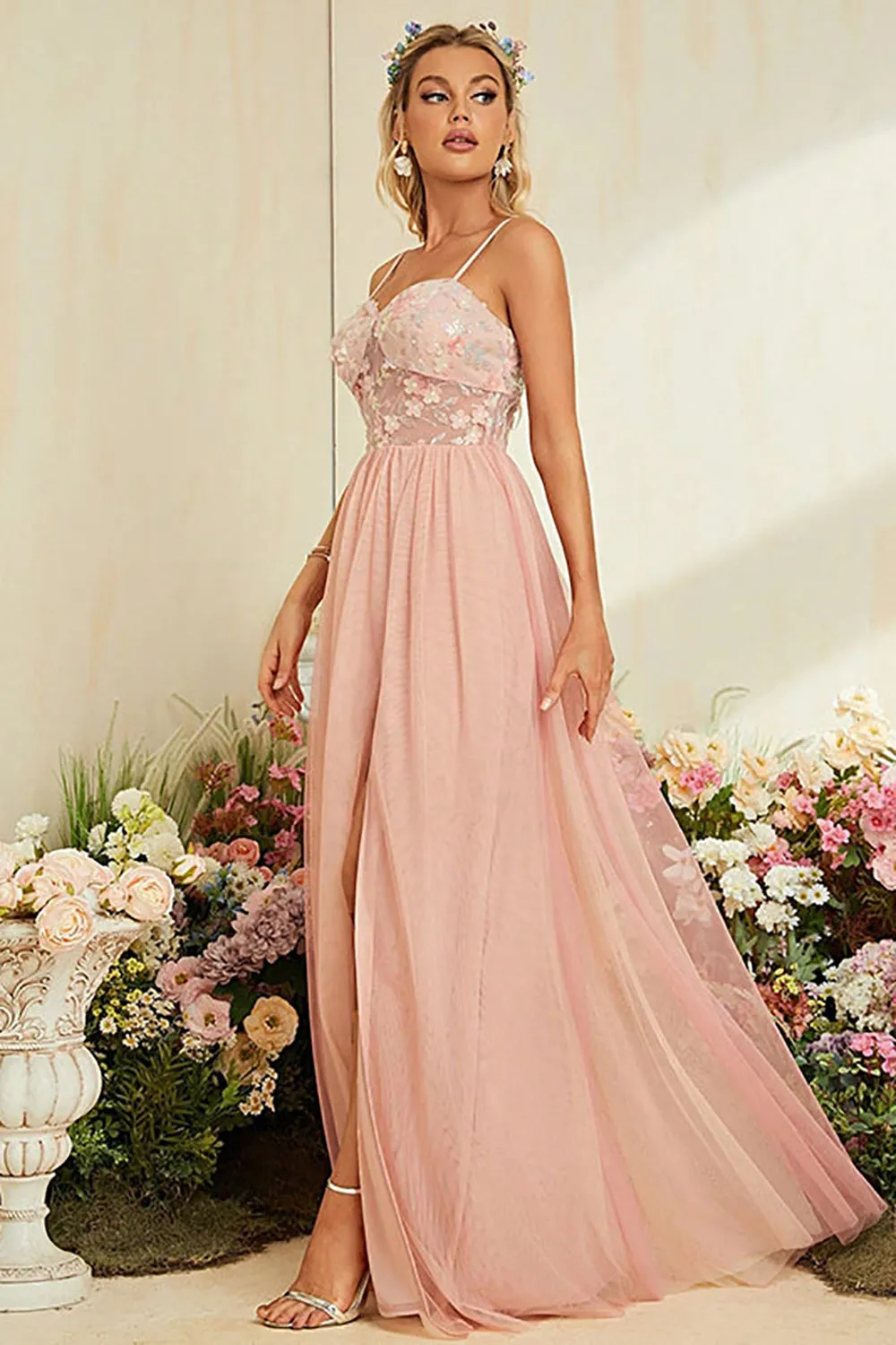 A-Line Spaghetti Straps Blush Prom Dress with Slit sold by Zapaka product image thumbnail 3