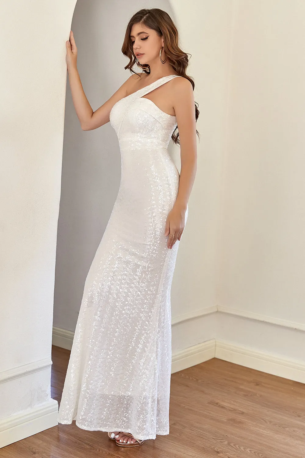White One Shoulder Sequins Mermaid Prom Dress sold by Zapaka product image thumbnail 4