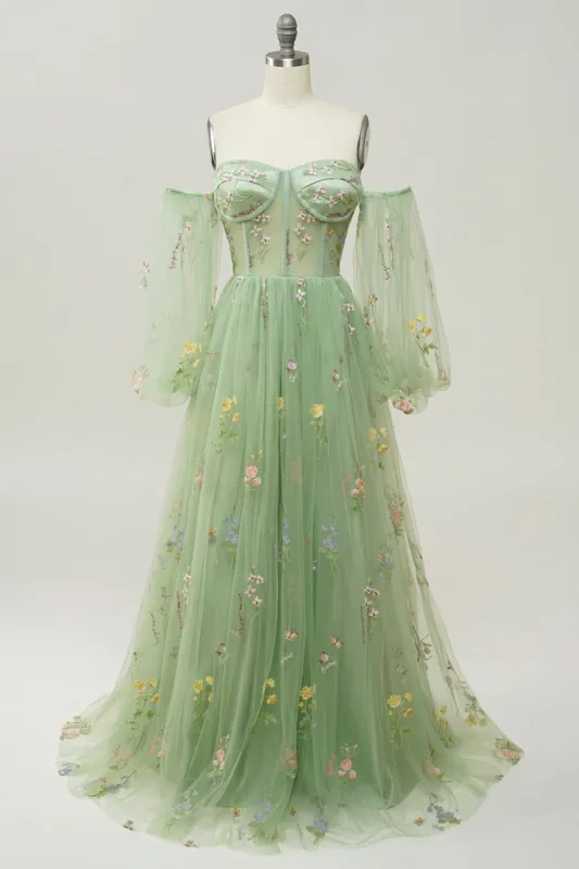 Green Off The Shoulder Long Sleeves A-Line Prom Dress sold by Zapaka