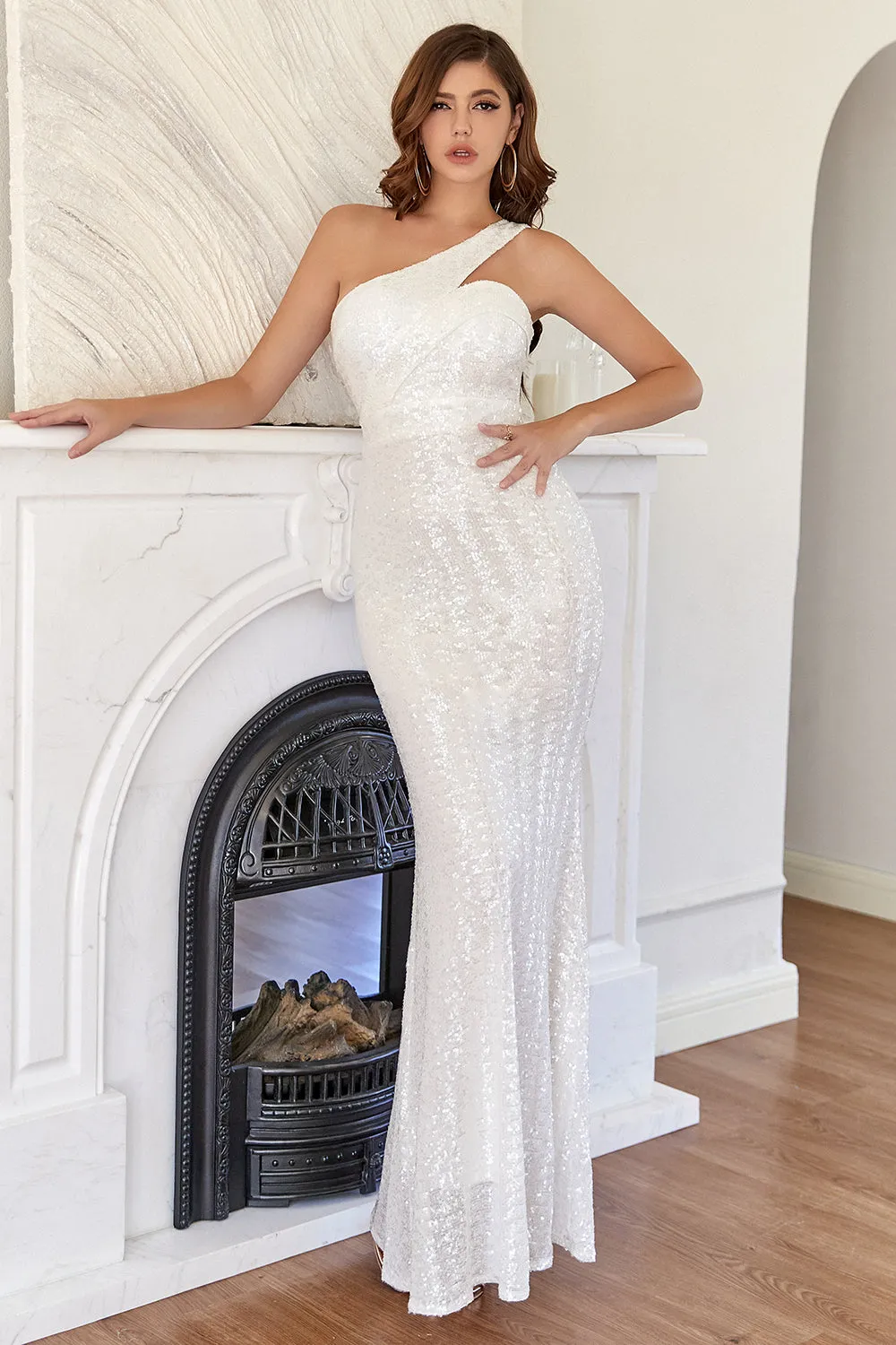 White One Shoulder Sequins Mermaid Prom Dress sold by Zapaka