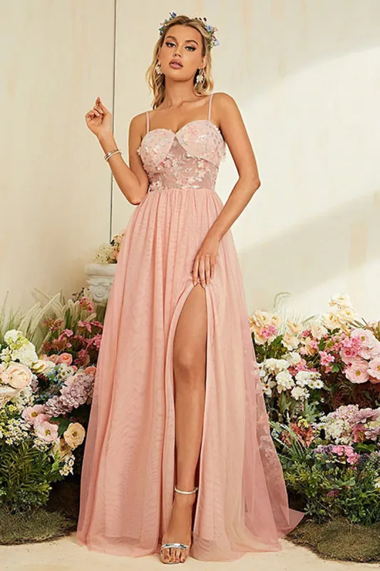A-Line Spaghetti Straps Blush Prom Dress with Slit sold by Zapaka