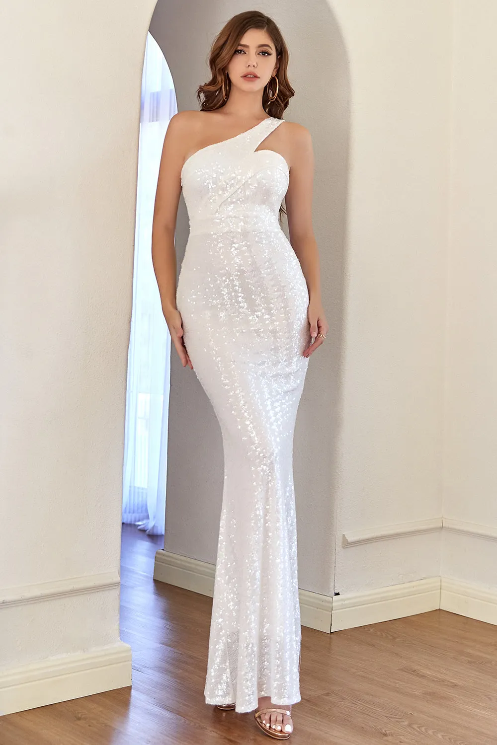 White One Shoulder Sequins Mermaid Prom Dress sold by Zapaka product image thumbnail 5