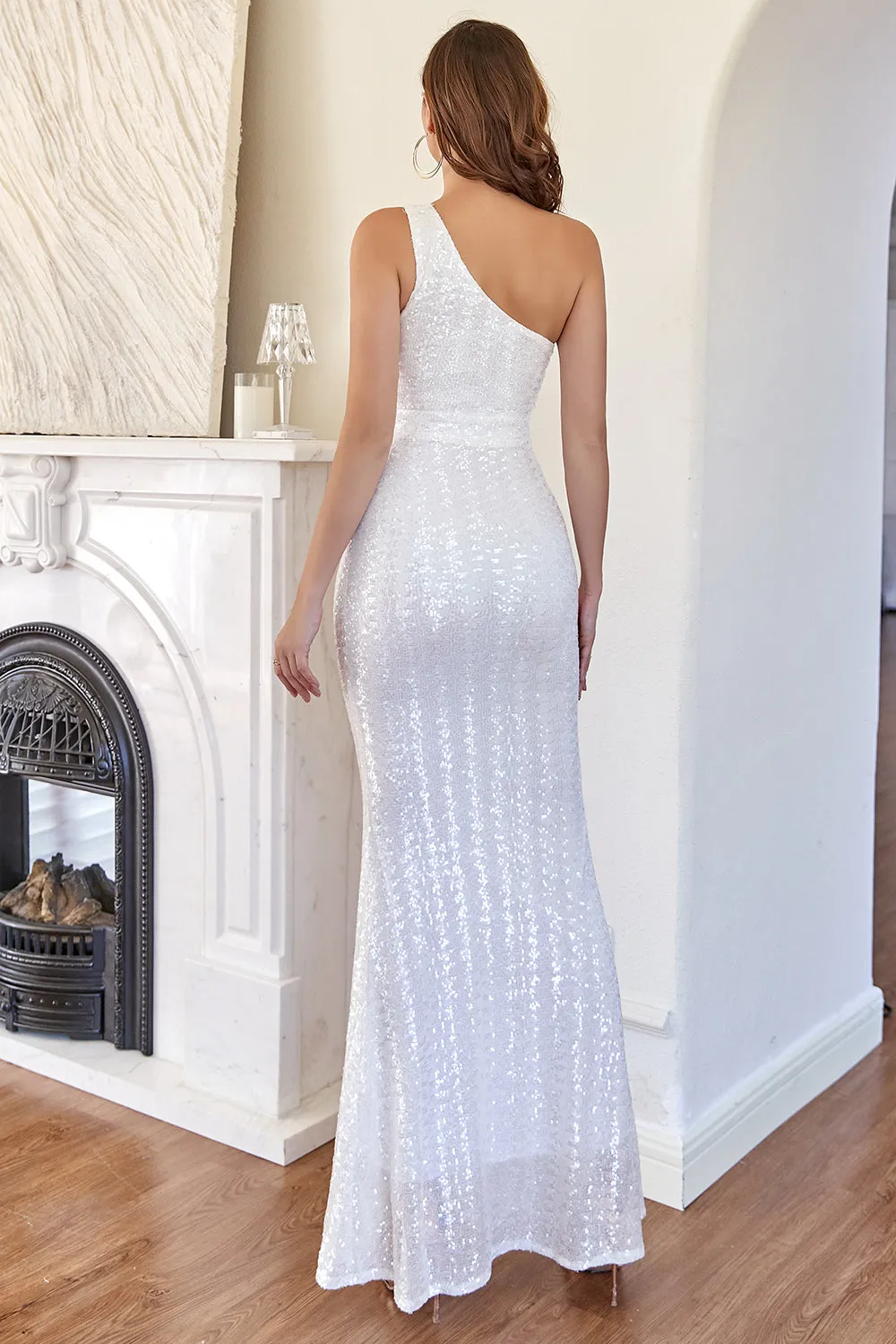 White One Shoulder Sequins Mermaid Prom Dress sold by Zapaka product image thumbnail 2