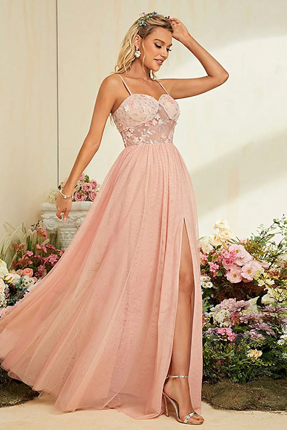 A-Line Spaghetti Straps Blush Prom Dress with Slit sold by Zapaka product image thumbnail 5