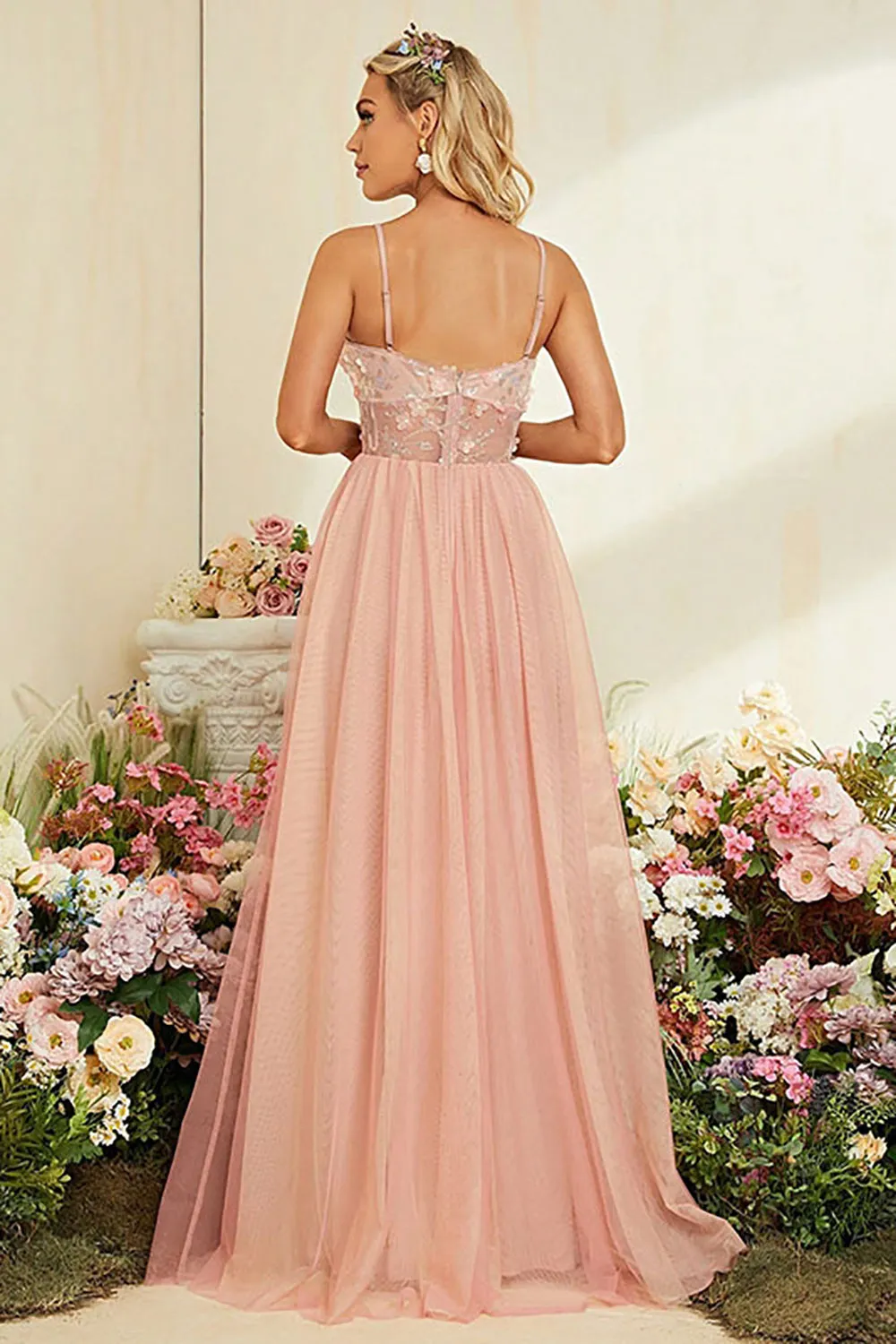 A-Line Spaghetti Straps Blush Prom Dress with Slit sold by Zapaka product image thumbnail 2