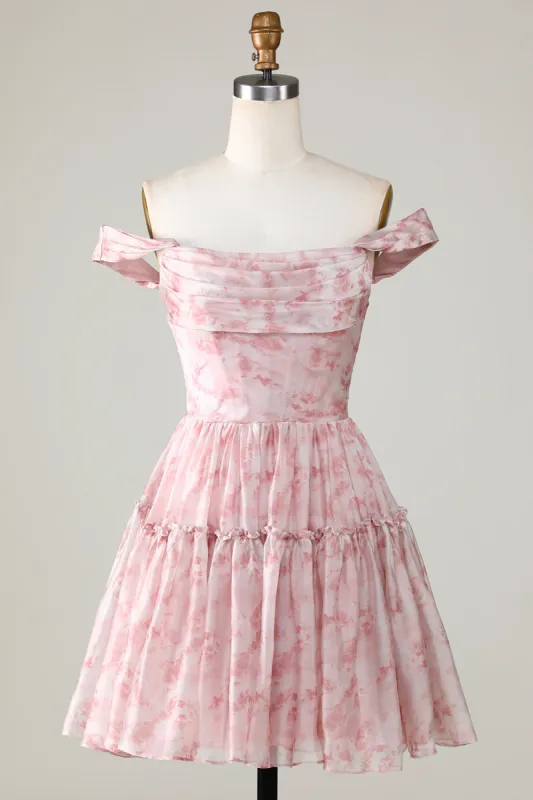 A Line Cute Blush Printed Short Homecoming Dress with Ruffles sold by Zapaka