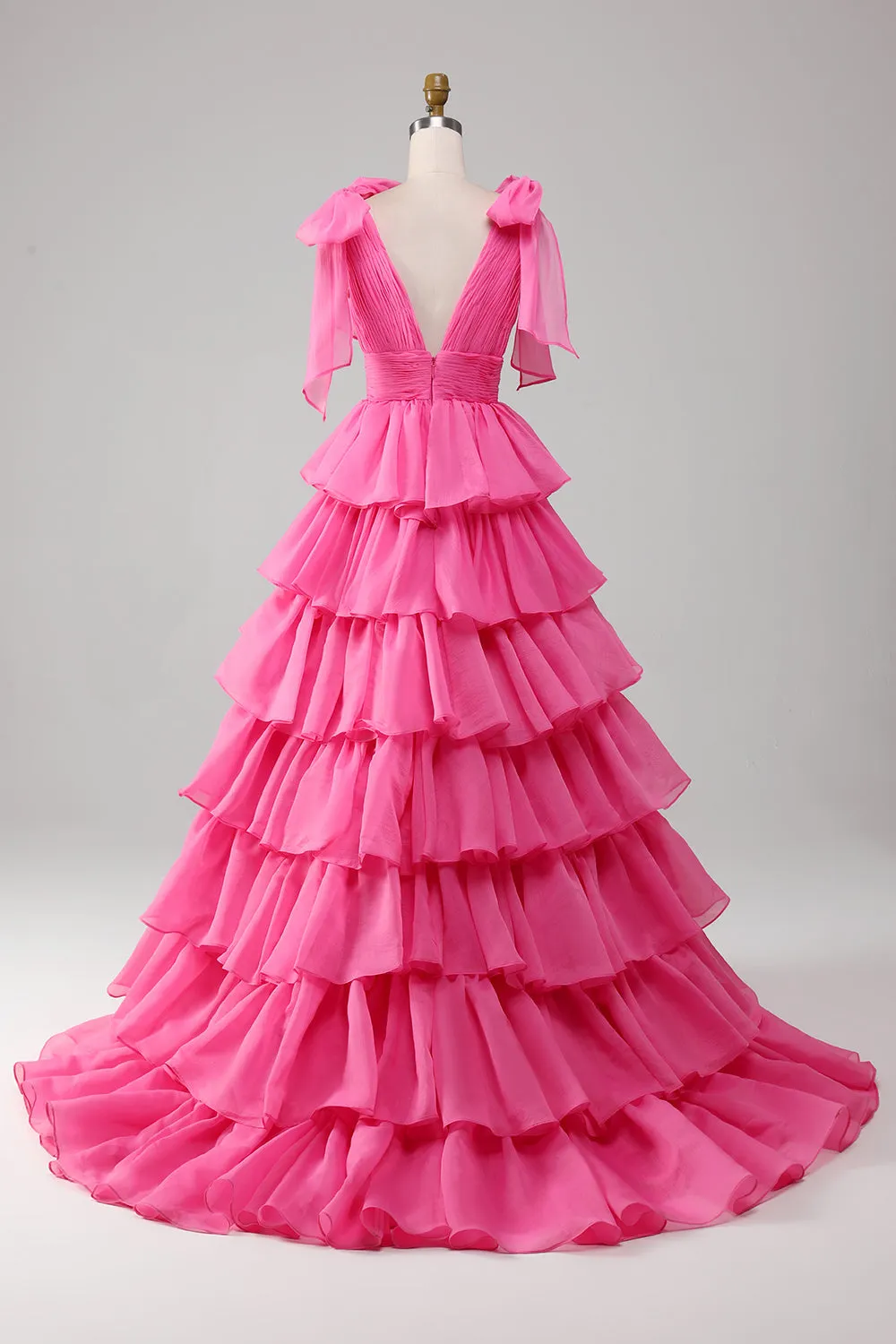 Princess Fuchsia A-Line Deep V-Neck Tiered Long Prom Dress With Slit sold by Zapaka product image thumbnail 5