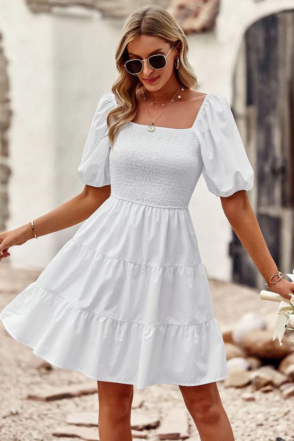White Square Neck Mini Graduation Dress With Short Sleeves sold by Zapaka product image thumbnail 5