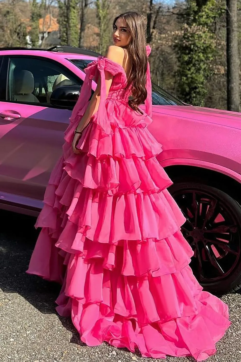 Princess Fuchsia A-Line Deep V-Neck Tiered Long Prom Dress With Slit sold by Zapaka product image thumbnail 2
