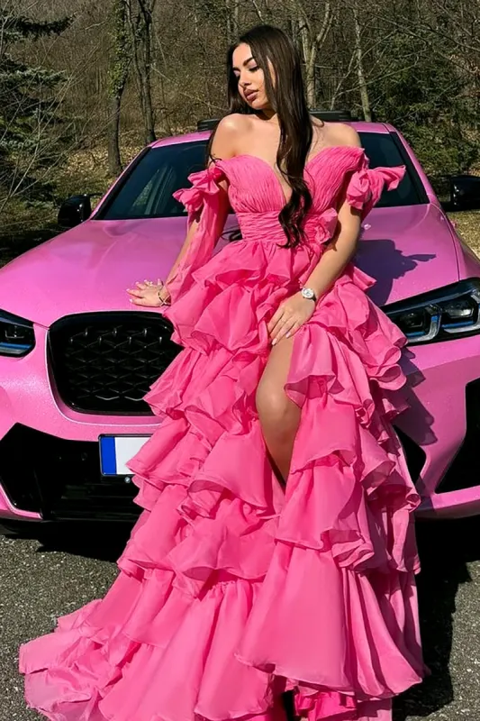 Princess Fuchsia A-Line Deep V-Neck  Tiered Long Prom Dress With Slit sold by Zapaka