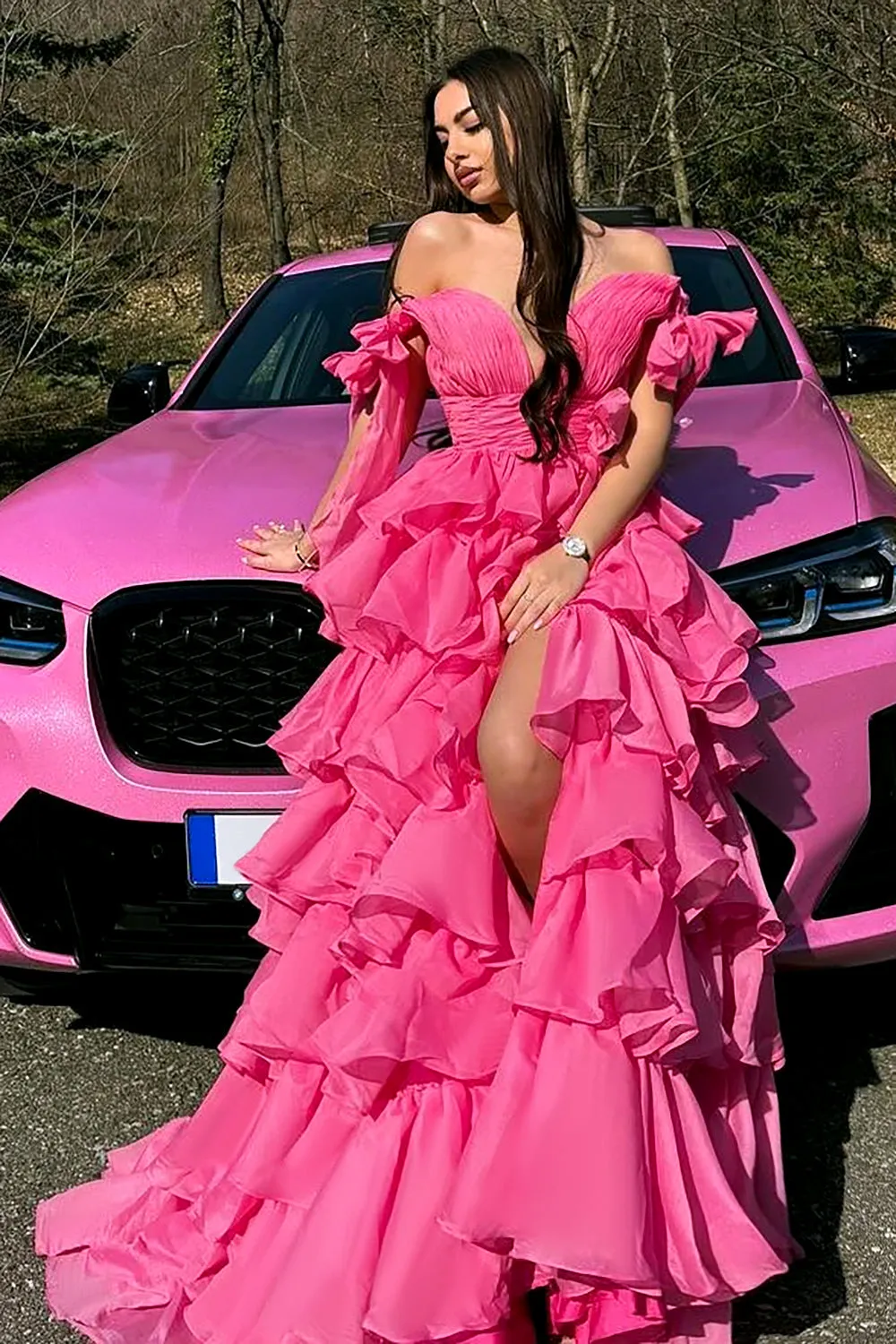 Princess Fuchsia A-Line Deep V-Neck Tiered Long Prom Dress With Slit sold by Zapaka