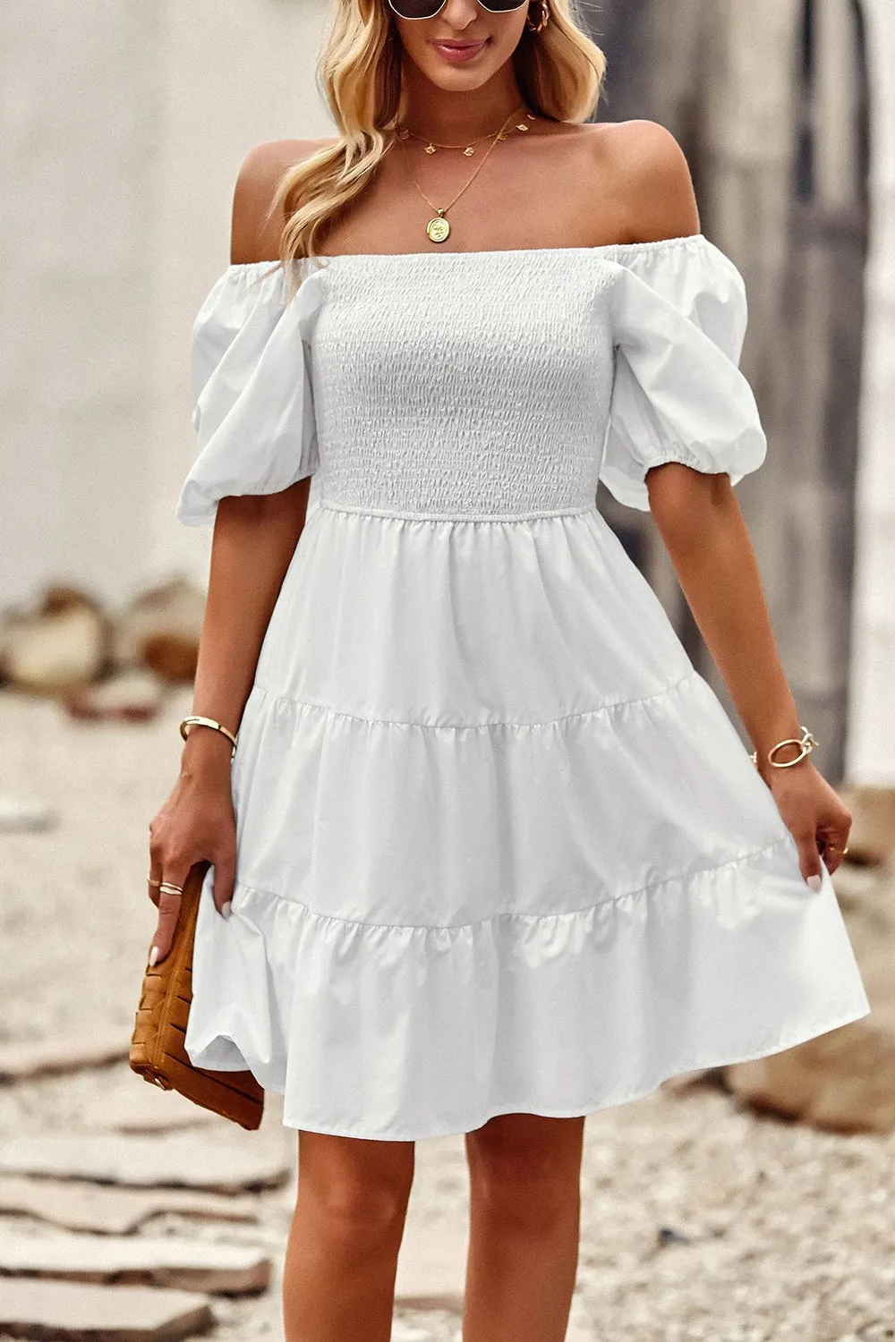 White Square Neck Mini Graduation Dress With Short Sleeves sold by Zapaka product image thumbnail 3