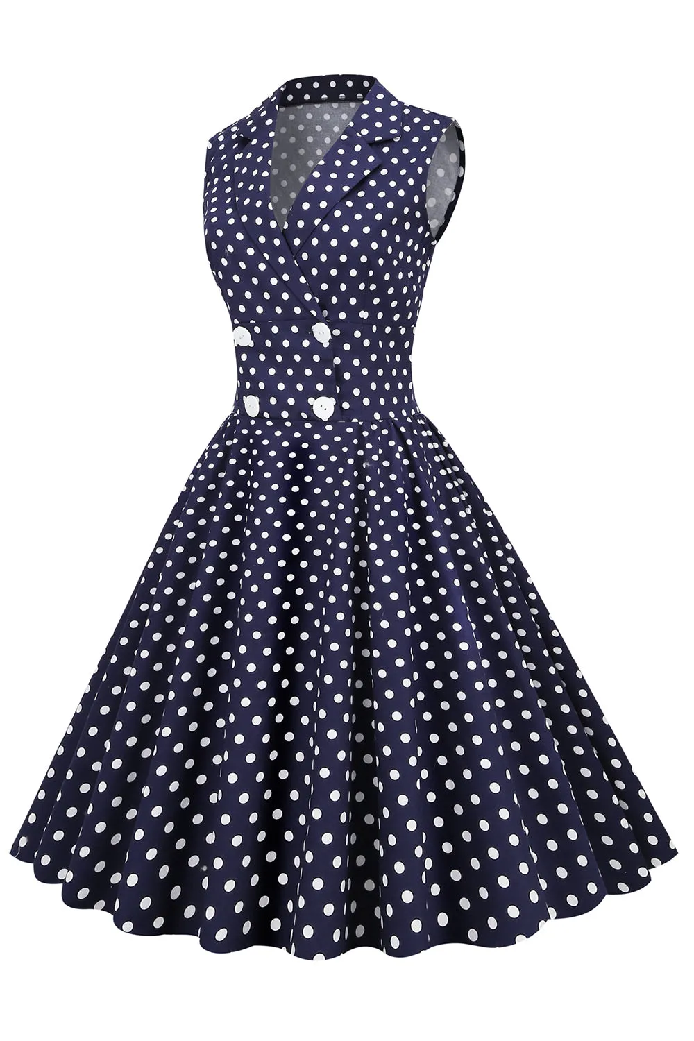 Navy V-Neck Polka Dots 1950s Swing Dress sold by Zapaka product image thumbnail 3