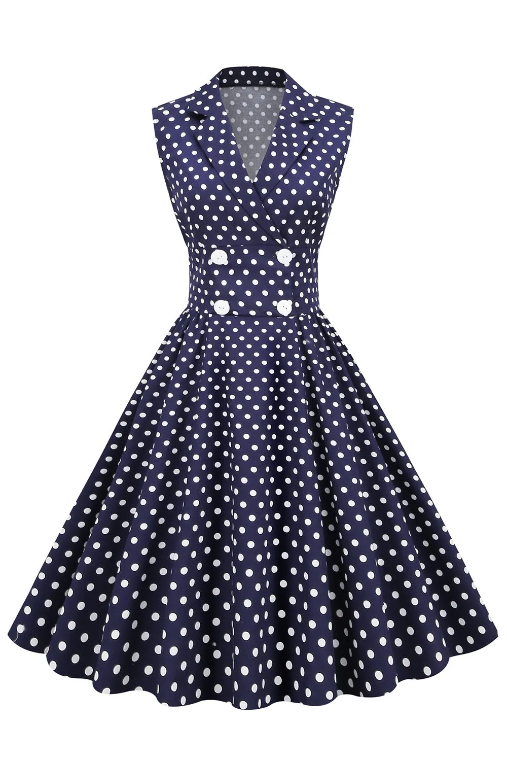 Navy V-Neck Polka Dots 1950s Swing Dress sold by Zapaka