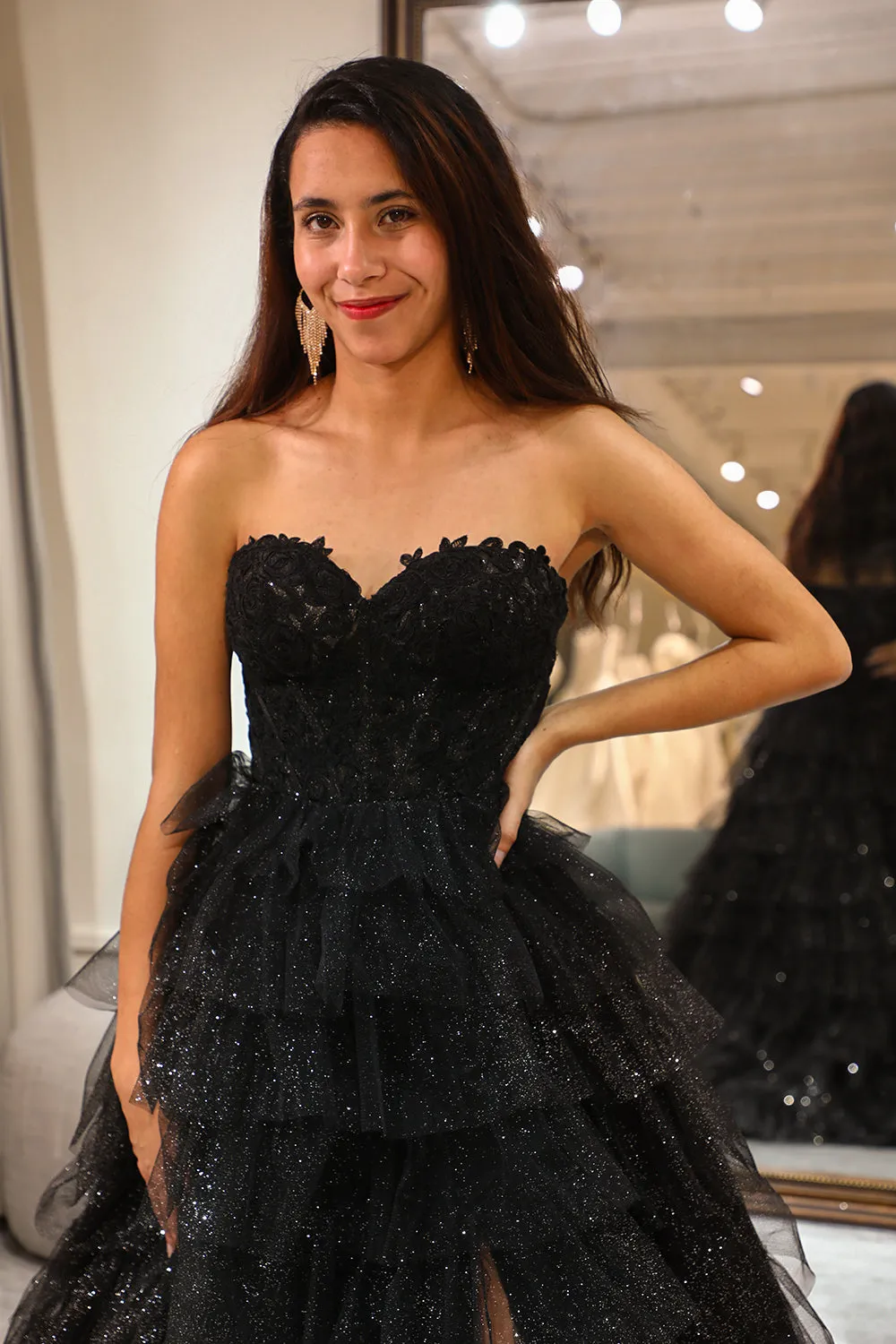 Trendy A Line Sweetheart Black Corset Prom Dress with Ruffles sold by Zapaka product image thumbnail 3