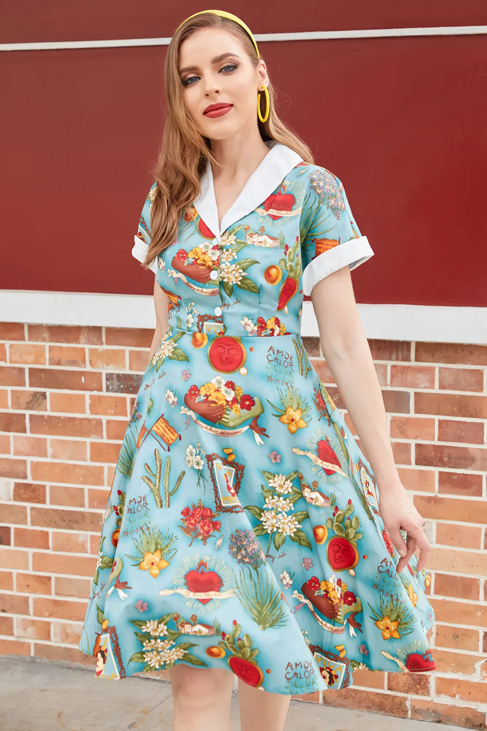 V Neck Printed 1950s Dress Short Sleeves sold by Zapaka product image thumbnail 4