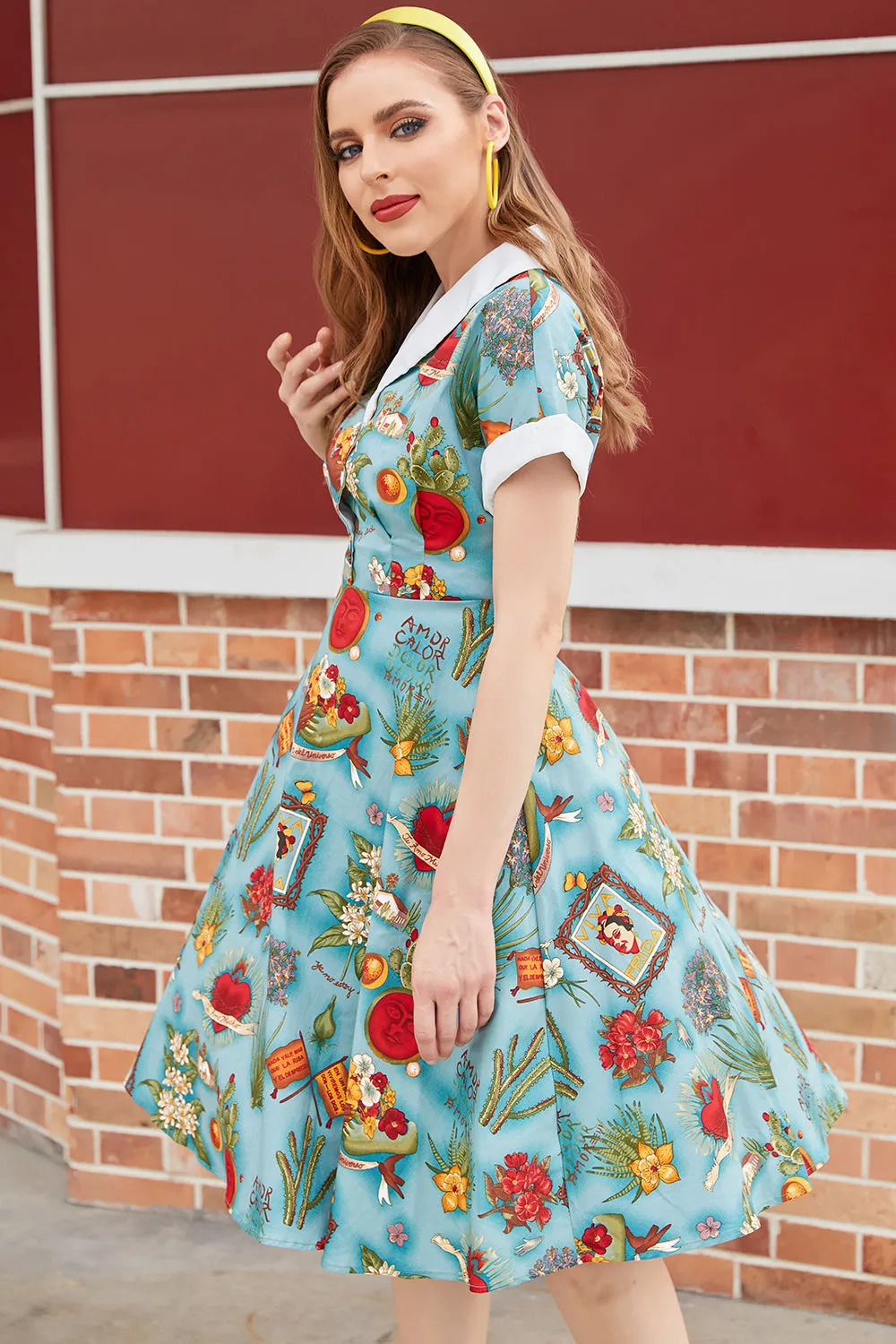V Neck Printed 1950s Dress Short Sleeves sold by Zapaka product image thumbnail 5