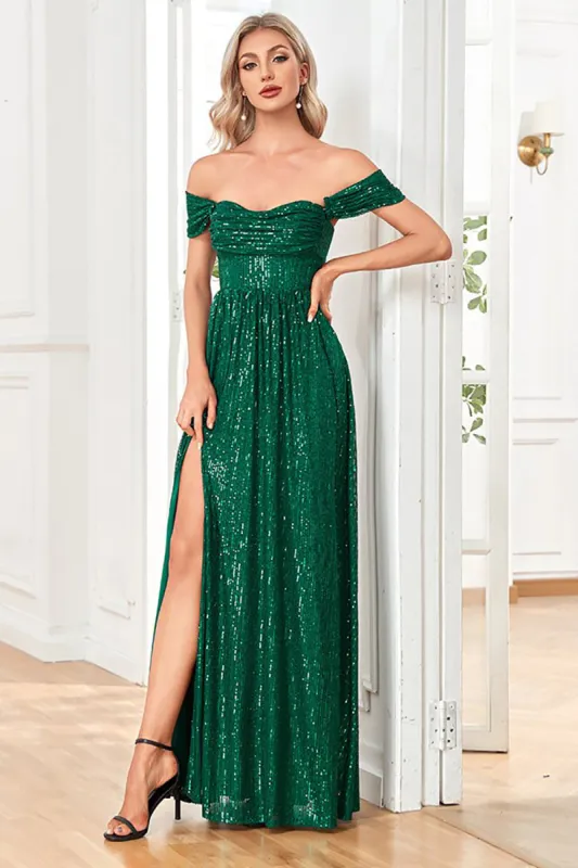 Sparkly Sequin Dark Green Off the Shoulder A Line Prom Dress With Slit sold by Zapaka