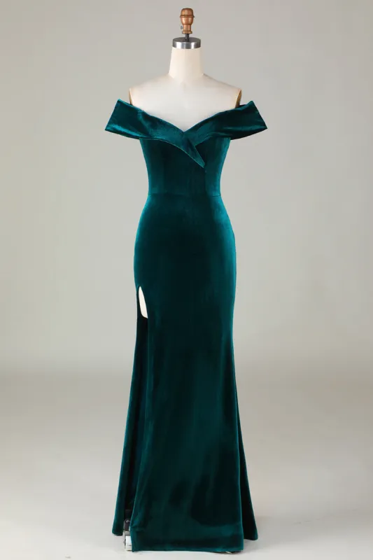 Off the Shoulder Peacock Green Velvet Mermaid Bridesmaid Dress With Slit sold by Zapaka