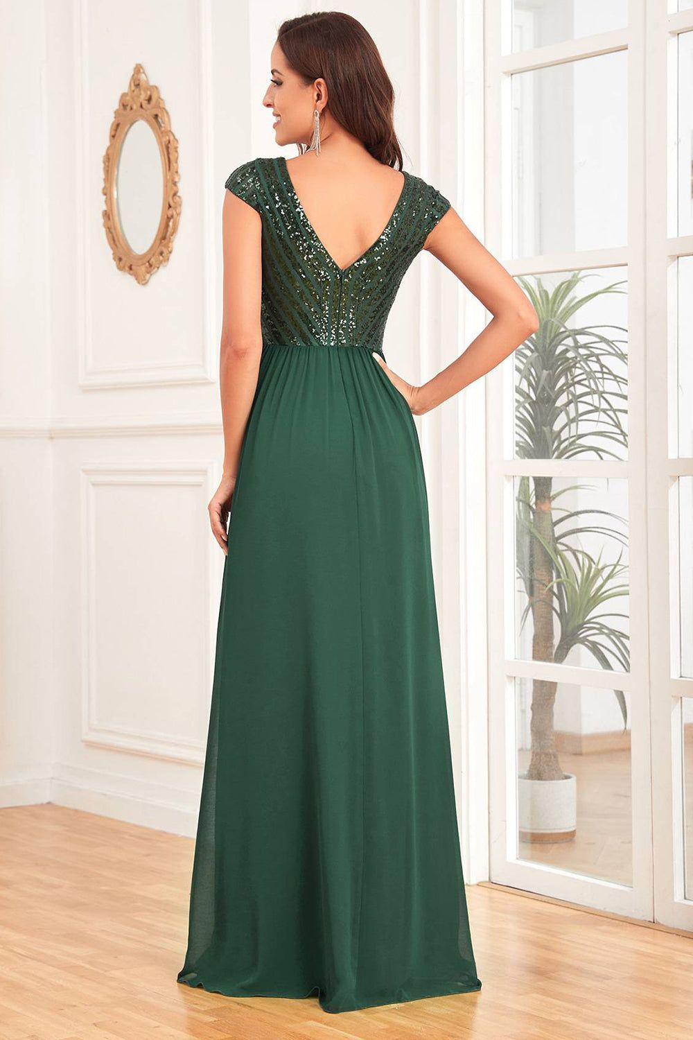 Dark Green V-neck A Line Formal Dress with Sequins sold by Zapaka product image thumbnail 2