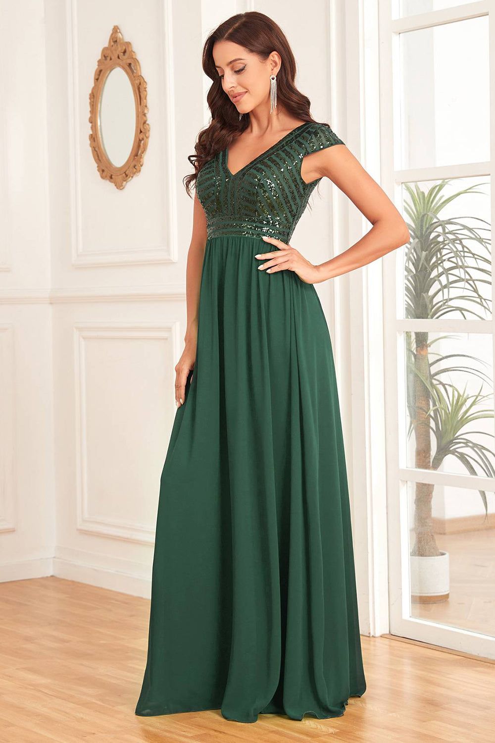 Dark Green V-neck A Line Formal Dress with Sequins sold by Zapaka product image thumbnail 3