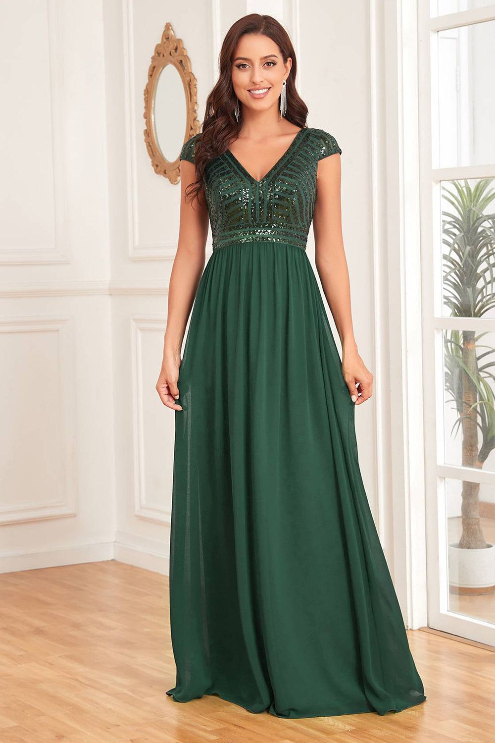 Dark Green V-neck A Line Formal Dress with Sequins sold by Zapaka product image thumbnail 4