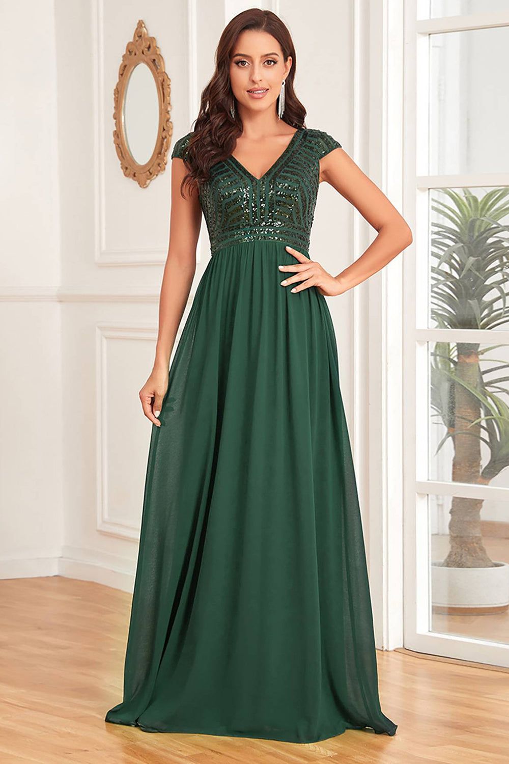 Dark Green V-neck A Line Formal Dress with Sequins sold by Zapaka