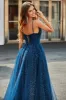 Navy A-Line V-Neck Long Beaded Tulle Prom Dresses With Pleated sold by Zapaka