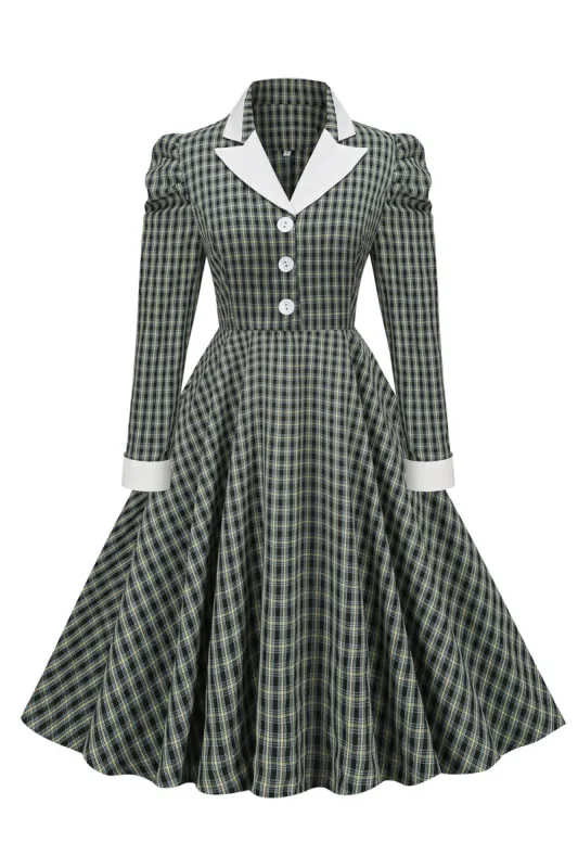 Vintage British Style Slim Fit Lapel Green Grid 1950s Dress sold by Zapaka