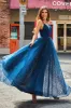 Navy A-Line V-Neck Long Beaded Tulle Prom Dresses With Pleated sold by Zapaka
