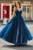 Navy A-Line V-Neck Long Beaded Tulle Prom Dresses With Pleated sold by Zapaka