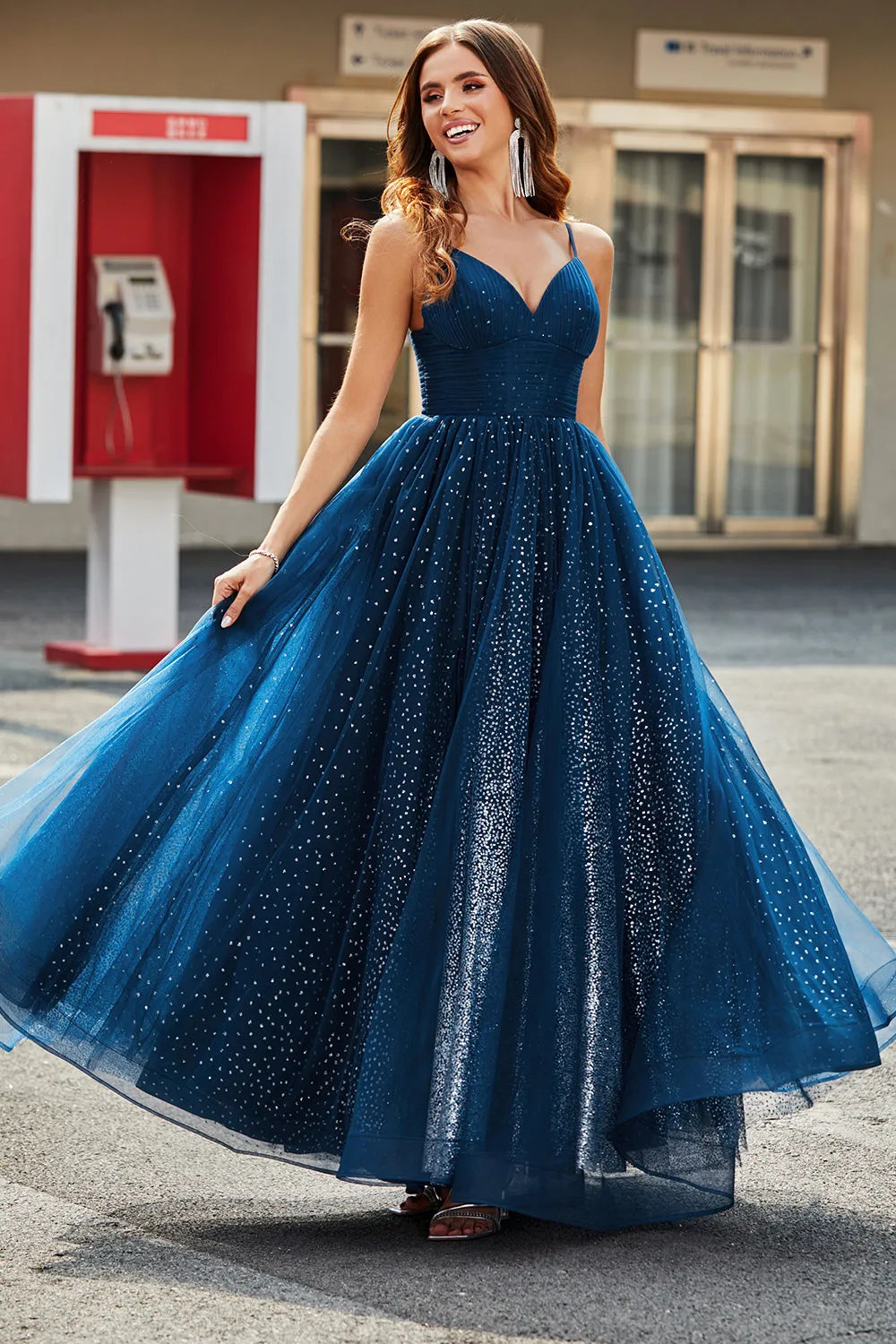 Navy A-Line V-Neck Long Beaded Tulle Prom Dresses With Pleated sold by Zapaka product image thumbnail 5