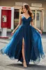 Navy A-Line V-Neck Long Beaded Tulle Prom Dresses With Pleated sold by Zapaka