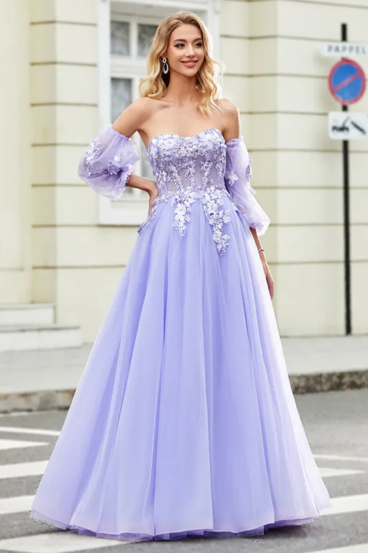 Gorgeous A Line Off the Shoulder Lavender Corset Prom Dress with Appliques sold by Zapaka