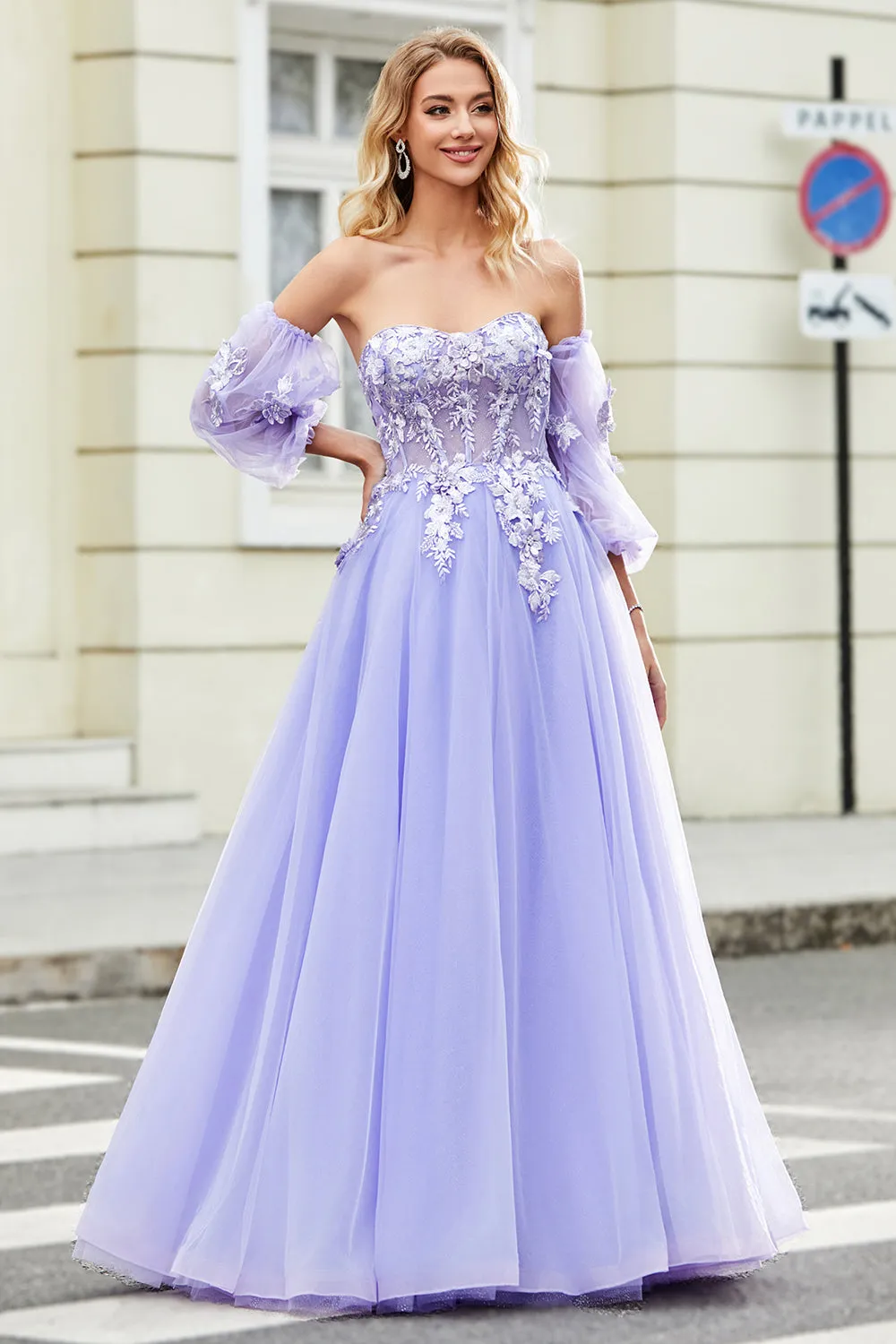 Gorgeous A Line Off the Shoulder Lavender Corset Prom Dress with Appliques sold by Zapaka